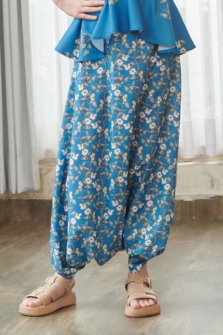 Buy_Pasha India_Blue Cotton, Rayon Embroidery Floral Print Draped Jumpsuit 