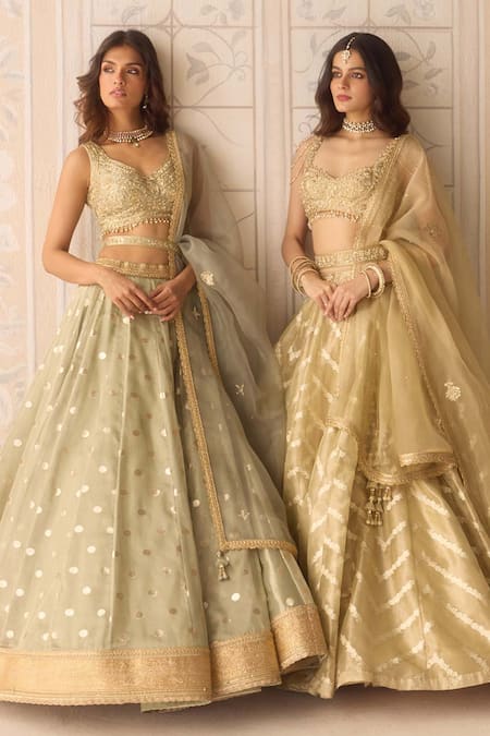Buy_Shyam Narayan Prasad_Green Organza, Brocade Zari, Embroidery Scoop Neck Polka Dot Woven Lehenga Set _Online_at_Aza_Fashions