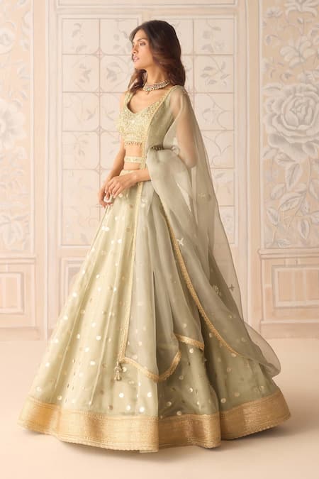 Shyam Narayan Prasad_Green Organza, Brocade Zari, Embroidery Scoop Neck Polka Dot Woven Lehenga Set _at_Aza_Fashions