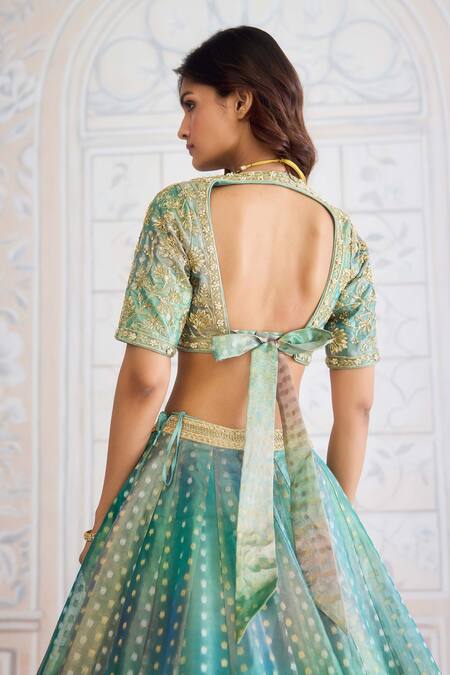 Buy_Shyam Narayan Prasad_Green Organza, Brocade Zari, Embroidery, Gota Patti, Geometric Woven Lehenga Set _Online_at_Aza_Fashions