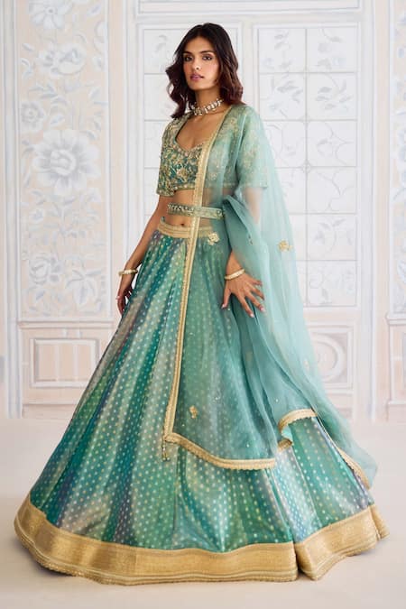 Shop_Shyam Narayan Prasad_Green Organza, Brocade Zari, Embroidery, Gota Patti, Geometric Woven Lehenga Set _Online_at_Aza_Fashions