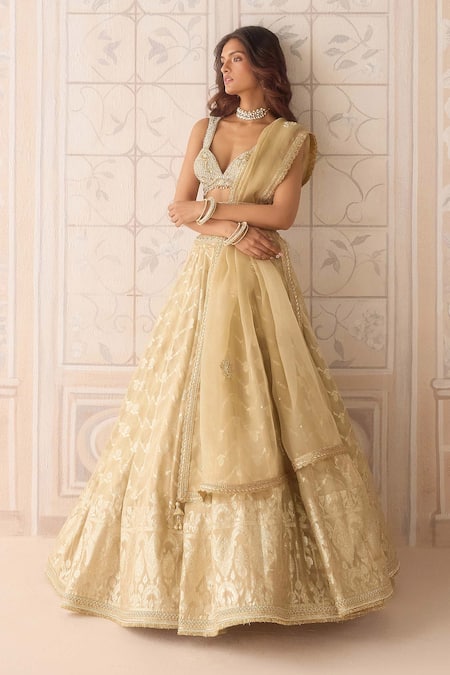 Buy_Shyam Narayan Prasad_Gold Brocade, Organza Zari, Embroidery, Beads, Sequins Chevron Woven Lehenga Set _Online_at_Aza_Fashions