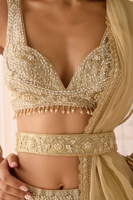 Shop_Shyam Narayan Prasad_Gold Brocade, Organza Zari, Embroidery, Beads, Sequins Chevron Woven Lehenga Set _Online_at_Aza_Fashions