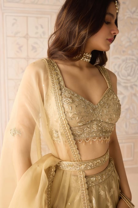 Shyam Narayan Prasad_Gold Tissue, Organza, Brocade Zari, Embroidery, Chevron Pattern Lehenga Set _Online_at_Aza_Fashions