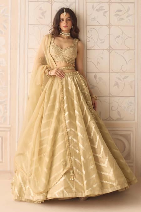 Buy_Shyam Narayan Prasad_Gold Tissue, Organza, Brocade Zari, Embroidery, Chevron Pattern Lehenga Set _Online_at_Aza_Fashions