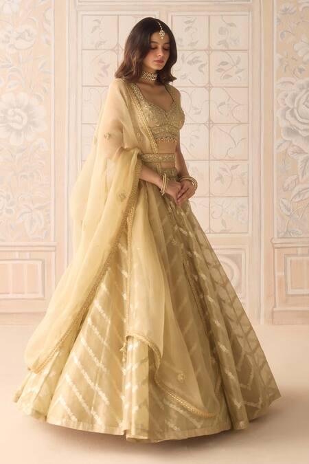 Shop_Shyam Narayan Prasad_Gold Tissue, Organza, Brocade Zari, Embroidery, Chevron Pattern Lehenga Set _Online_at_Aza_Fashions