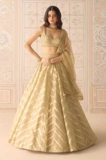 Buy_Shyam Narayan Prasad_Gold Organza, Brocade, Tissue Embroidery, Zari, Beads, Zig Zag Woven Lehenga Set _Online_at_Aza_Fashions
