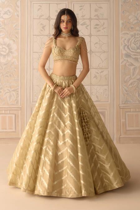 Shop_Shyam Narayan Prasad_Gold Organza, Brocade, Tissue Embroidery, Zari, Beads, Zig Zag Woven Lehenga Set _Online_at_Aza_Fashions