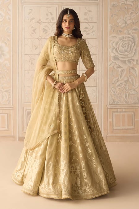 Shyam Narayan Prasad Gold Tissue, Organza, Brocade Embroidery, Zari Floral Stripe Woven Lehenga Set