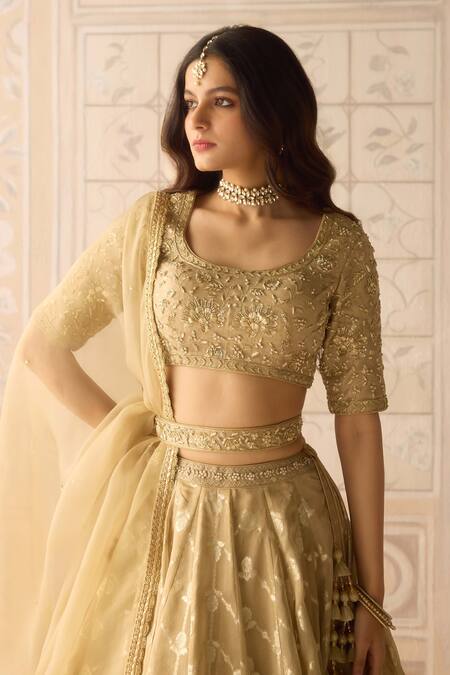 Shyam Narayan Prasad Gold Tissue, Organza, Brocade Embroidery, Zari Floral Stripe Woven Lehenga Set Online at Aza Fashions Shyam Narayan Prasad_Gold Tissue, Organza, Brocade Embroidery, Zari Floral Stripe Woven Lehenga Set _Online_at_Aza_Fashions