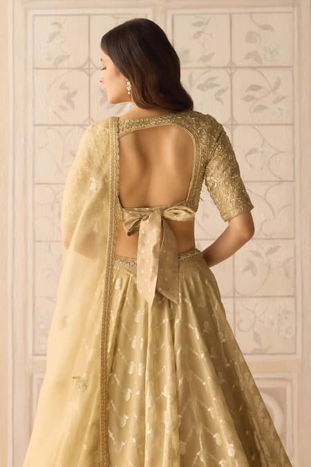 Shop Shyam Narayan Prasad Gold Tissue, Organza, Brocade Embroidery, Zari Floral Stripe Woven Lehenga Set Online at Aza Fashions Shop_Shyam Narayan Prasad_Gold Tissue, Organza, Brocade Embroidery, Zari Floral Stripe Woven Lehenga Set _Online_at_Aza_Fashions