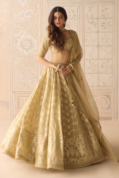 Shyam Narayan Prasad Gold Tissue, Organza, Brocade Embroidery, Zari Floral Stripe Woven Lehenga Set at Aza Fashions Shyam Narayan Prasad_Gold Tissue, Organza, Brocade Embroidery, Zari Floral Stripe Woven Lehenga Set _at_Aza_Fashions