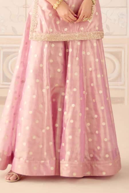 Shyam Narayan Prasad_Pink Brocade, Organza, Tissue Zari, Sequins, Embroidery Scoop Kurta Sharara Set _Online_at_Aza_Fashions