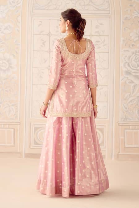 Buy_Shyam Narayan Prasad_Pink Brocade, Organza, Tissue Zari, Sequins, Embroidery Scoop Kurta Sharara Set _Online_at_Aza_Fashions