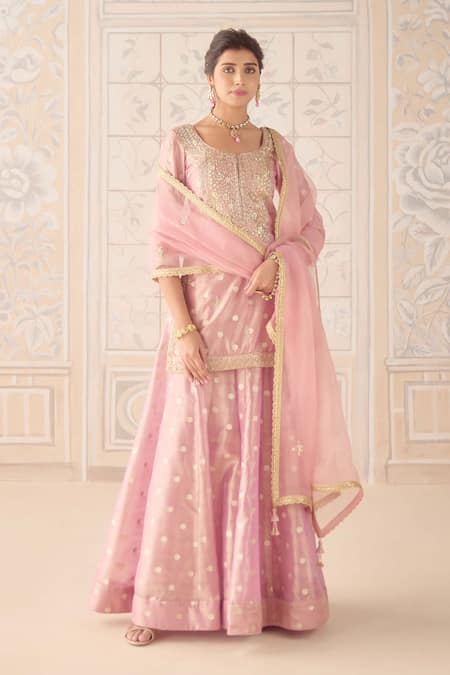 Shyam Narayan Prasad Pink Brocade, Organza, Tissue Zari, Sequins, Embroidery Scoop Kurta Sharara Set