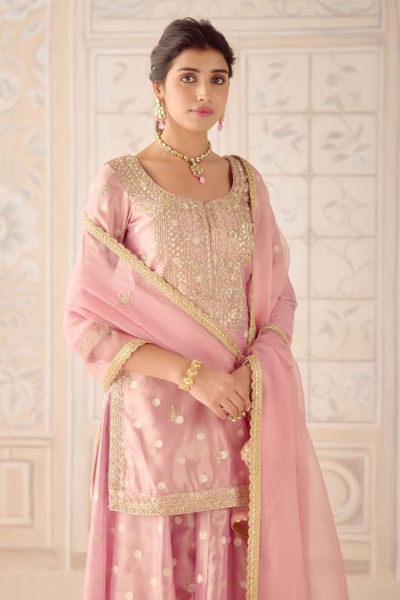 Shop_Shyam Narayan Prasad_Pink Brocade, Organza, Tissue Zari, Sequins, Embroidery Scoop Kurta Sharara Set _Online_at_Aza_Fashions