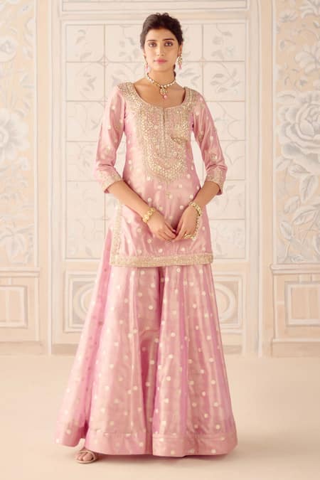 Shyam Narayan Prasad_Pink Brocade, Organza, Tissue Zari, Sequins, Embroidery Scoop Kurta Sharara Set _at_Aza_Fashions