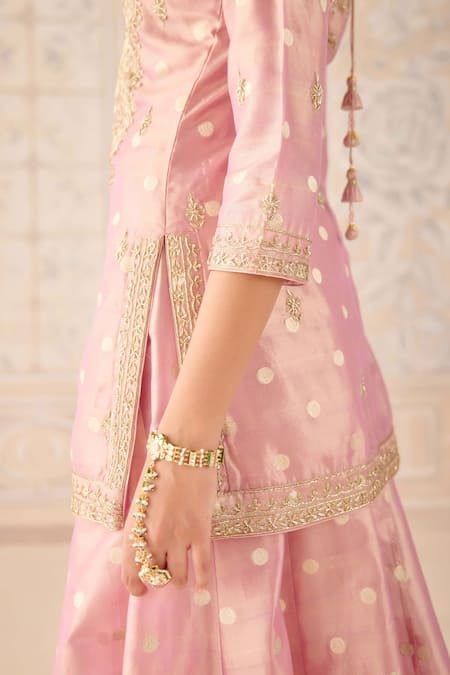 Buy_Shyam Narayan Prasad_Pink Brocade, Organza, Tissue Zari, Sequins, Embroidery Scoop Kurta Sharara Set 