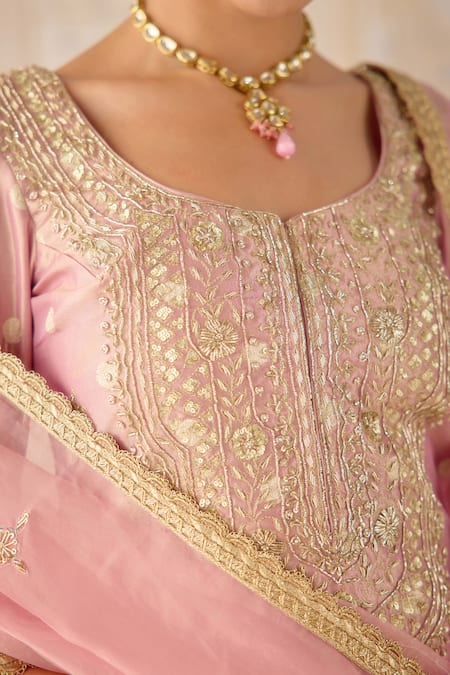 Shop_Shyam Narayan Prasad_Pink Brocade, Organza, Tissue Zari, Sequins, Embroidery Scoop Kurta Sharara Set 