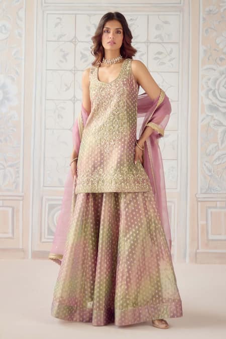 Shyam Narayan Prasad Pink Brocade, Organza, Tissue Embroidery, Zari Scoop Neck Kurta Set 