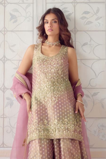 Buy_Shyam Narayan Prasad_Pink Brocade, Organza, Tissue Embroidery, Zari Scoop Neck Kurta Set _Online_at_Aza_Fashions