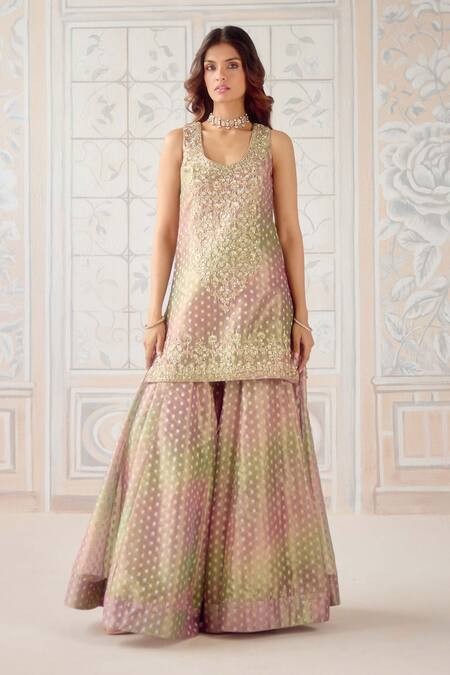 Shop_Shyam Narayan Prasad_Pink Brocade, Organza, Tissue Embroidery, Zari Scoop Neck Kurta Set _Online_at_Aza_Fashions