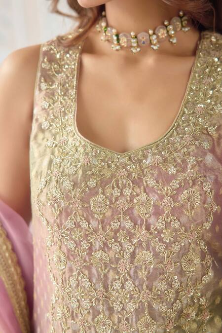 Shop_Shyam Narayan Prasad_Pink Brocade, Organza, Tissue Embroidery, Zari Scoop Neck Kurta Set 