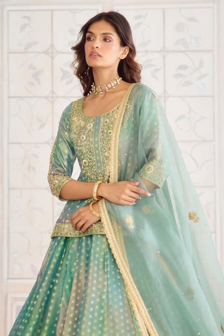 Shyam Narayan Prasad_Green Tissue, Organza, Brocade Embroidery, Zari, Sequins Round Kurta Lehenga Set _Online_at_Aza_Fashions