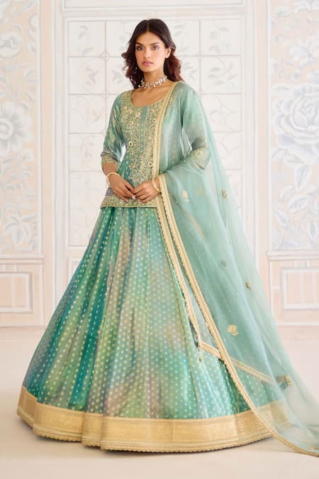 Shyam Narayan Prasad Green Tissue, Organza, Brocade Embroidery, Zari, Sequins Round Kurta Lehenga Set