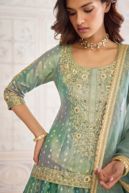Buy_Shyam Narayan Prasad_Green Tissue, Organza, Brocade Embroidery, Zari, Sequins Round Kurta Lehenga Set _Online_at_Aza_Fashions