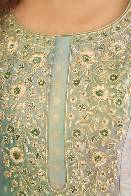 Shop_Shyam Narayan Prasad_Green Tissue, Organza, Brocade Embroidery, Zari, Sequins Round Kurta Lehenga Set _Online_at_Aza_Fashions