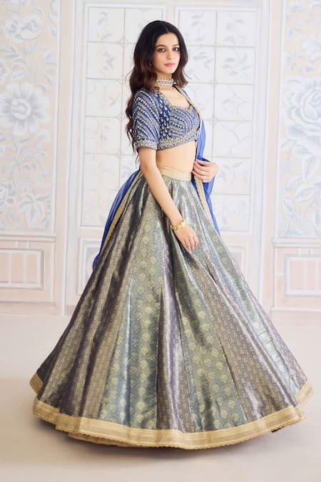 Shyam Narayan Prasad_Navy Brocade, Organza Embroidery, Zari Square Neck, Zardozi Lehenga Set _Online_at_Aza_Fashions