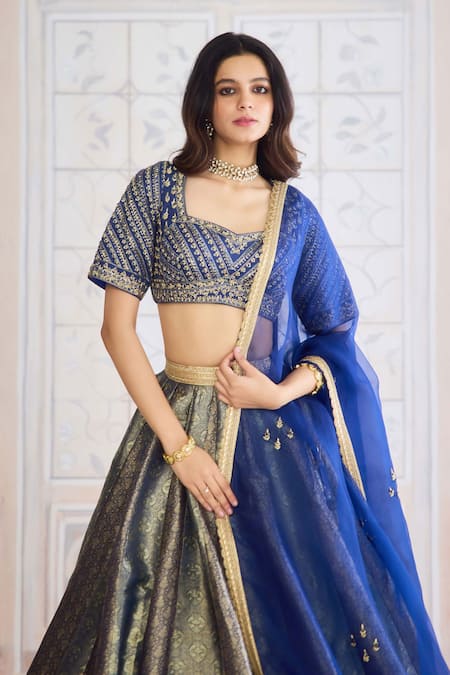 Buy_Shyam Narayan Prasad_Navy Brocade, Organza Embroidery, Zari Square Neck, Zardozi Lehenga Set _Online_at_Aza_Fashions
