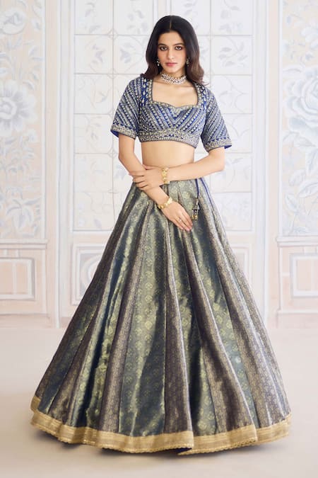 Shop_Shyam Narayan Prasad_Navy Brocade, Organza Embroidery, Zari Square Neck, Zardozi Lehenga Set _Online_at_Aza_Fashions