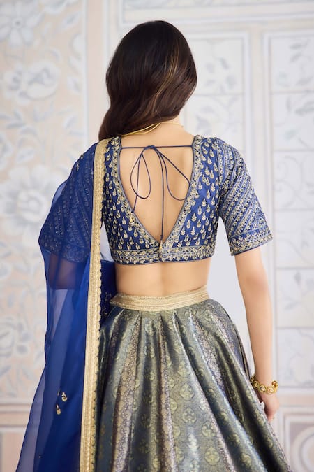 Shyam Narayan Prasad_Navy Brocade, Organza Embroidery, Zari Square Neck, Zardozi Lehenga Set _at_Aza_Fashions