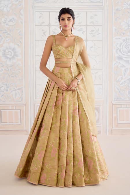 Shyam Narayan Prasad Gold Brocade, Organza Embroidery, Zari Sweetheart Neck Floral Woven Lehenga Set
