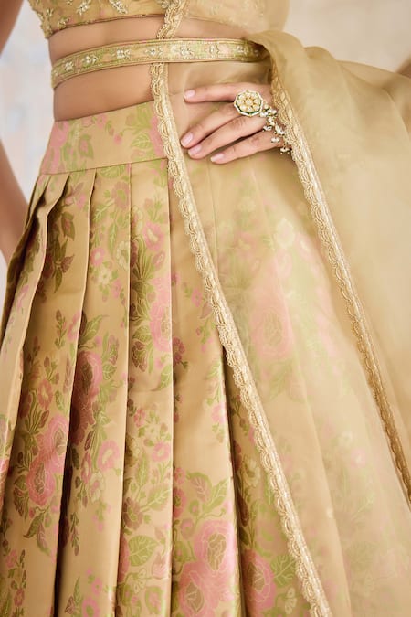 Shop_Shyam Narayan Prasad_Gold Brocade, Organza Embroidery, Zari Sweetheart Neck Floral Woven Lehenga Set _Online_at_Aza_Fashions