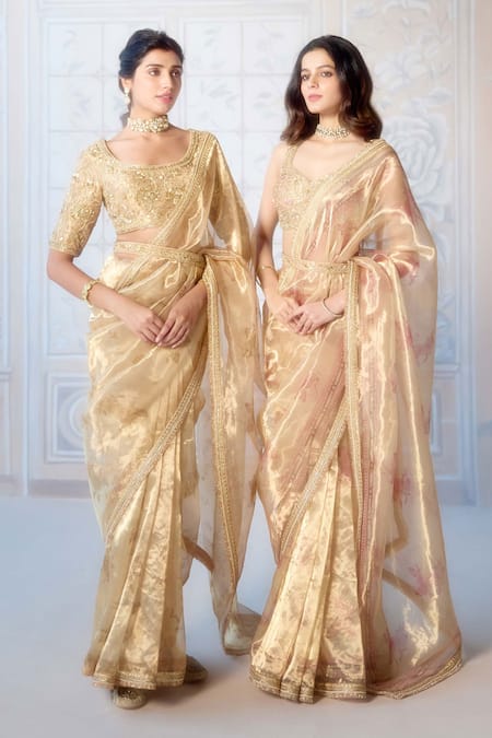 Shyam Narayan Prasad_Gold Brocade, Tissue, Cotton Satin Zari, Embroidery, Printed Saree With Blouse _at_Aza_Fashions