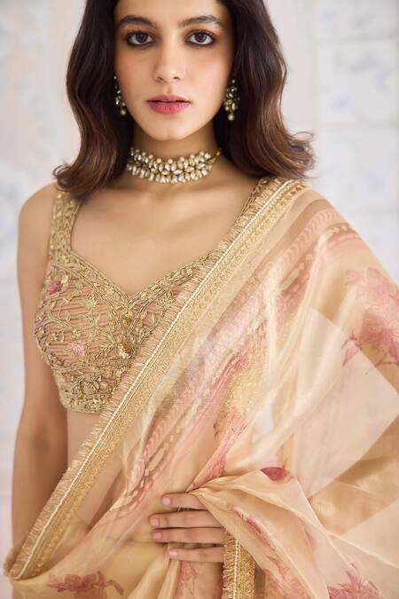 Shop_Shyam Narayan Prasad_Gold Brocade, Tissue, Cotton Satin Zari, Embroidery, Printed Saree With Blouse 