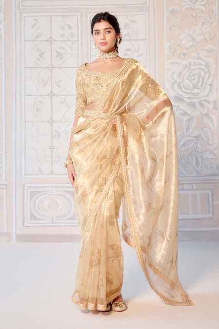 Shyam Narayan Prasad Gold Tissue, Brocade, Cotton Satin Zari, Block Print Saree With Blouse