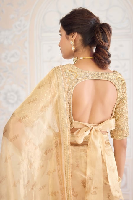 Shyam Narayan Prasad_Gold Tissue, Brocade, Cotton Satin Zari, Block Print Saree With Blouse _Online_at_Aza_Fashions