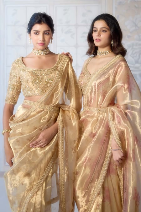 Shop_Shyam Narayan Prasad_Gold Tissue, Brocade, Cotton Satin Zari, Block Print Saree With Blouse _Online_at_Aza_Fashions