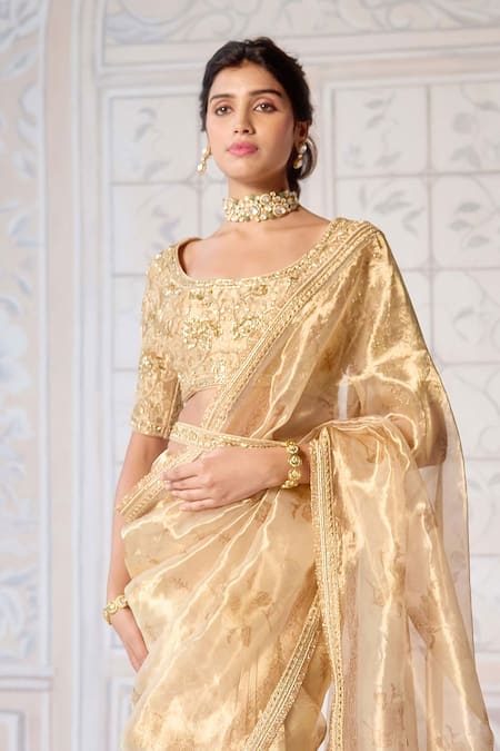 Shyam Narayan Prasad_Gold Tissue, Brocade, Cotton Satin Zari, Block Print Saree With Blouse _at_Aza_Fashions