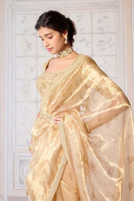 Buy_Shyam Narayan Prasad_Gold Tissue, Brocade, Cotton Satin Zari, Block Print Saree With Blouse 