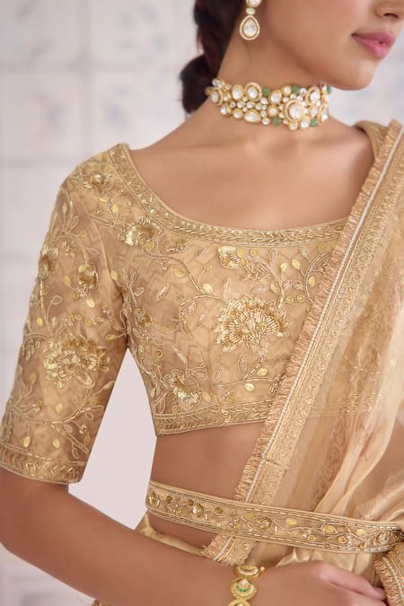 Shop_Shyam Narayan Prasad_Gold Tissue, Brocade, Cotton Satin Zari, Block Print Saree With Blouse 