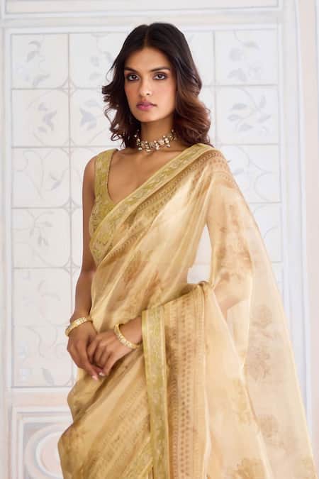 Shyam Narayan Prasad_Gold Brocade, Tissue, Cotton Satin Zari, Floral Print Saree With Blouse _Online_at_Aza_Fashions