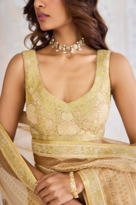 Shop_Shyam Narayan Prasad_Gold Brocade, Tissue, Cotton Satin Zari, Floral Print Saree With Blouse _Online_at_Aza_Fashions