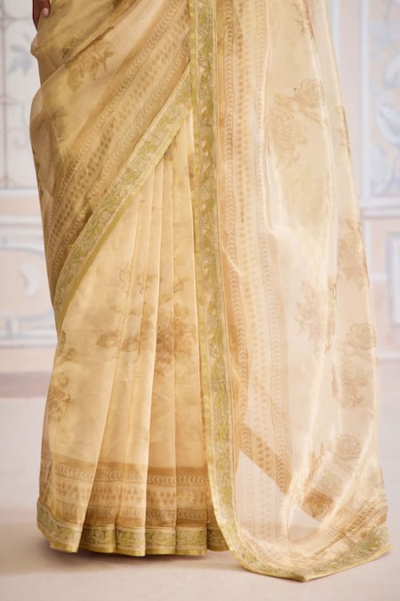Shyam Narayan Prasad_Gold Brocade, Tissue, Cotton Satin Zari, Floral Print Saree With Blouse _at_Aza_Fashions