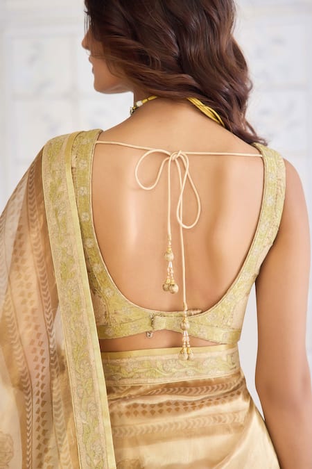 Buy_Shyam Narayan Prasad_Gold Brocade, Tissue, Cotton Satin Zari, Floral Print Saree With Blouse 