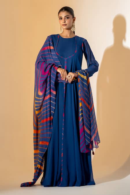K-Anshika Blue Georgette Round Neck Anarkali With Chevron Dupatta